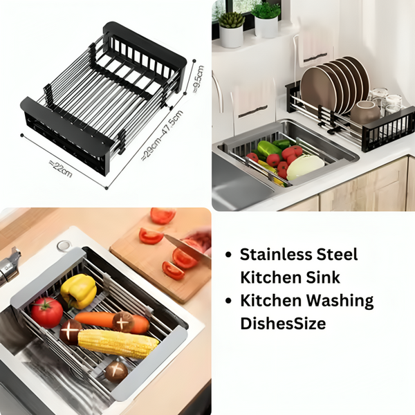 Multifunctional Kitchen Sink Drain Rack Retractable Stainless Steel Drain Basket Over The Sink Dish Drying Rack Accessories