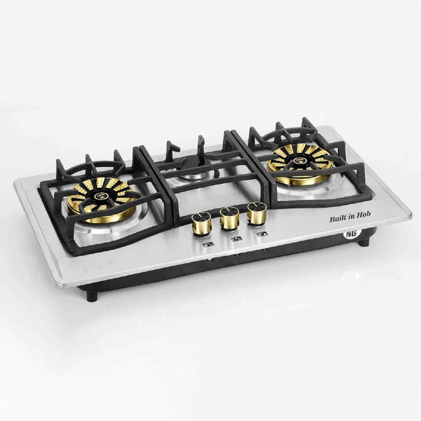 3 Burner Stainless Steel Top Gas Hob With Brass Burners & Auto Ignition - Kitchen Stove - STB302